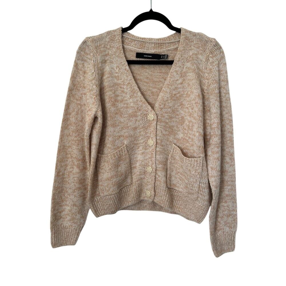 Vero Moda Fuzzy V Neck Cardigan Women M Beige Button Up Cropped Sweater Casual